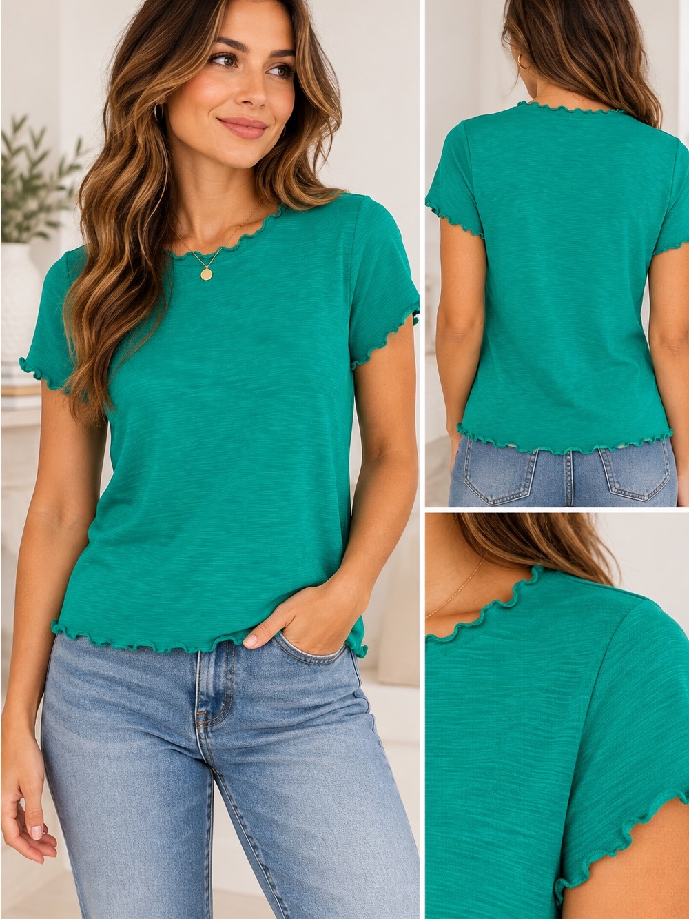 Zenana Outfitters Teal Ruffle-Edge Short Sleeve Tee
